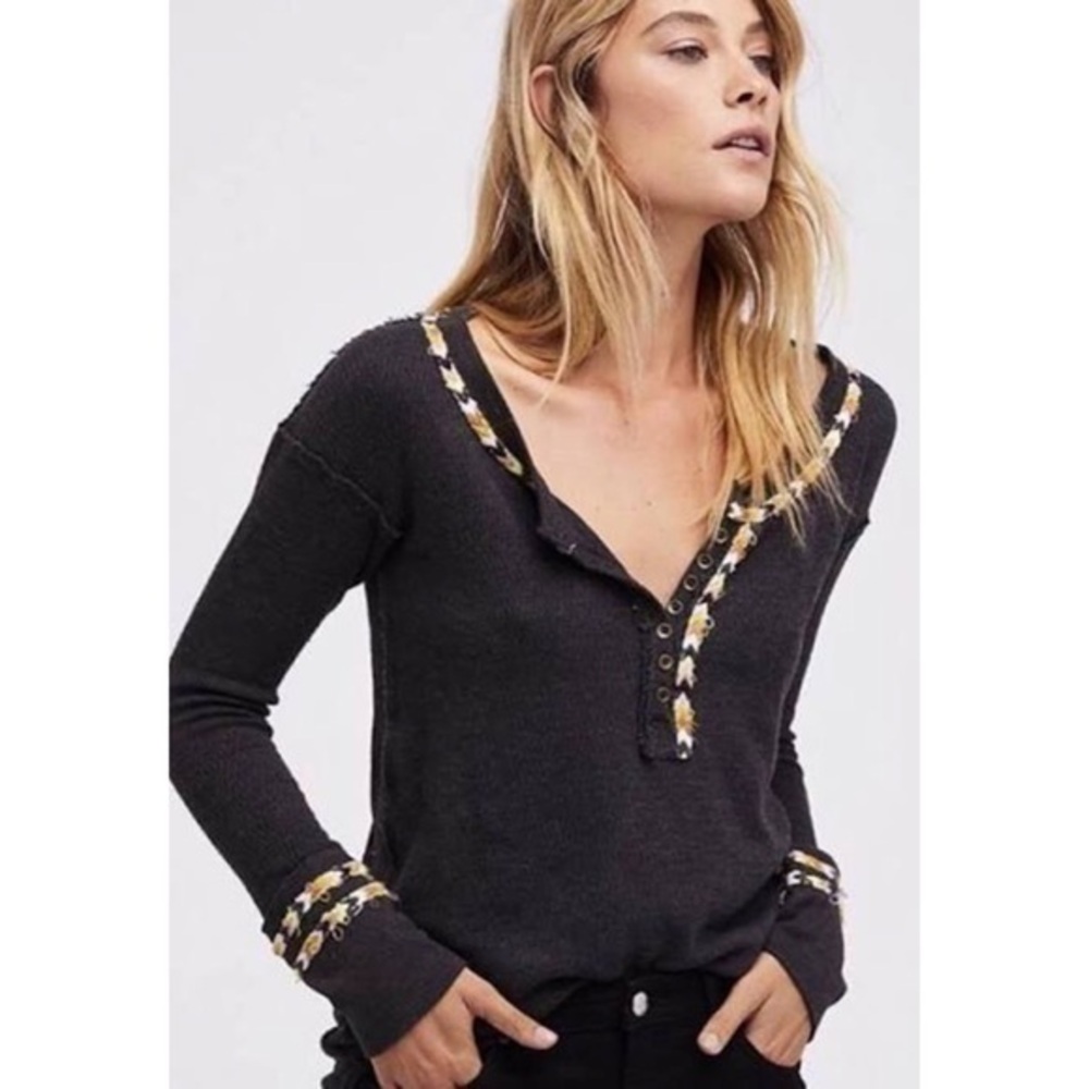 Free People We The Free Black Rainbow Long Sleeve Thermal Henley Embroidered Top